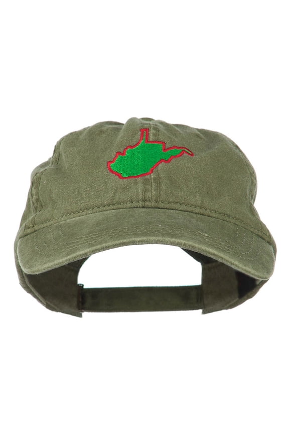 West Virginia State Map Embroidered Washed Cotton Cap - Olive Green OSFM