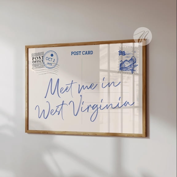 West Virginia State Postcard Wall Art Navy Decor, Unframed Paper Print Size 8x12