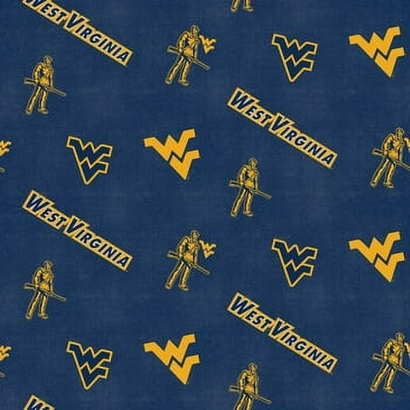 West Virginia University Flannel Fabric with Distressed Ground and logo and mascot print-100% cotton-Sold by the Yard