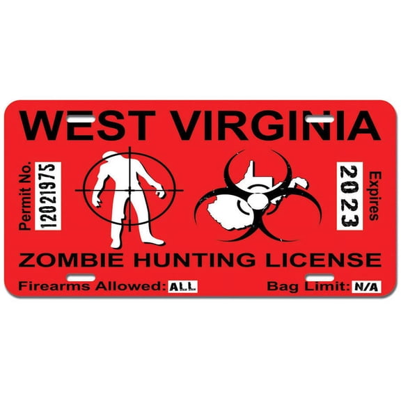 West Virginia WV Zombie Hunting License Permit Red - Biohazard Response Team Novelty Metal Vanity License Tag Plate