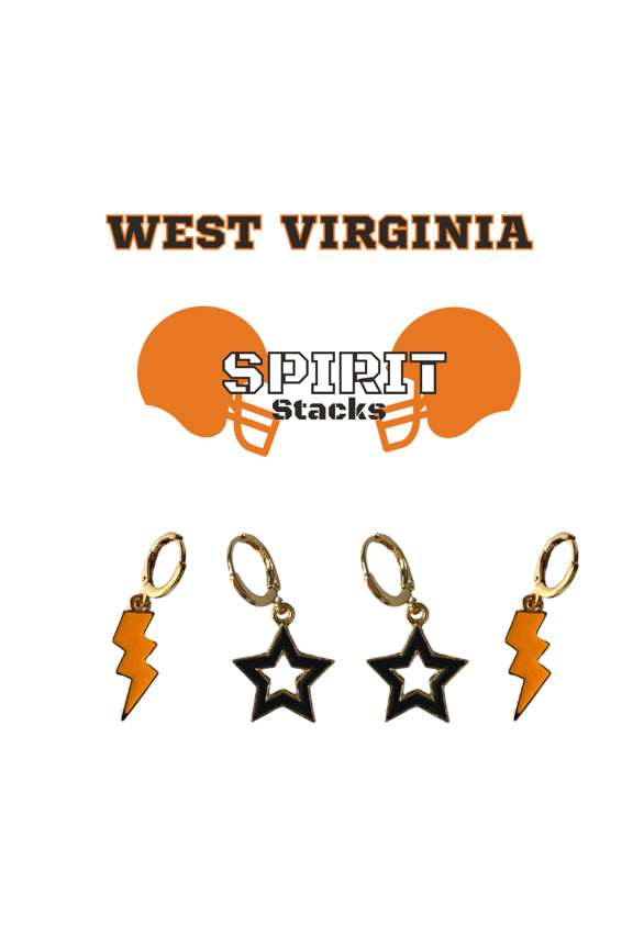 West Virginia Wesleyan College Spirit Stack orange mini enamel bolts and black statement open starboys