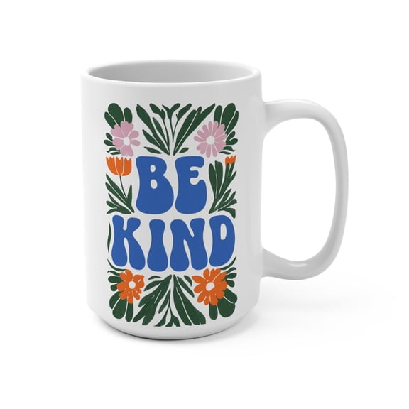 WestConfe Be Kind Mug - Groovy 15 oz Floral Coffee cup, retro scandivanian style, boho 70's aesthetic gift for her or coworker