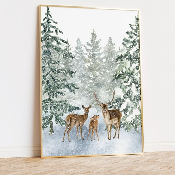 WestConfe Christmas Forest Poster | Snowy Pine Trees Print | Deer Family Print | Christmas Wall Art | Winter Home Decor | Holiday Wall Art