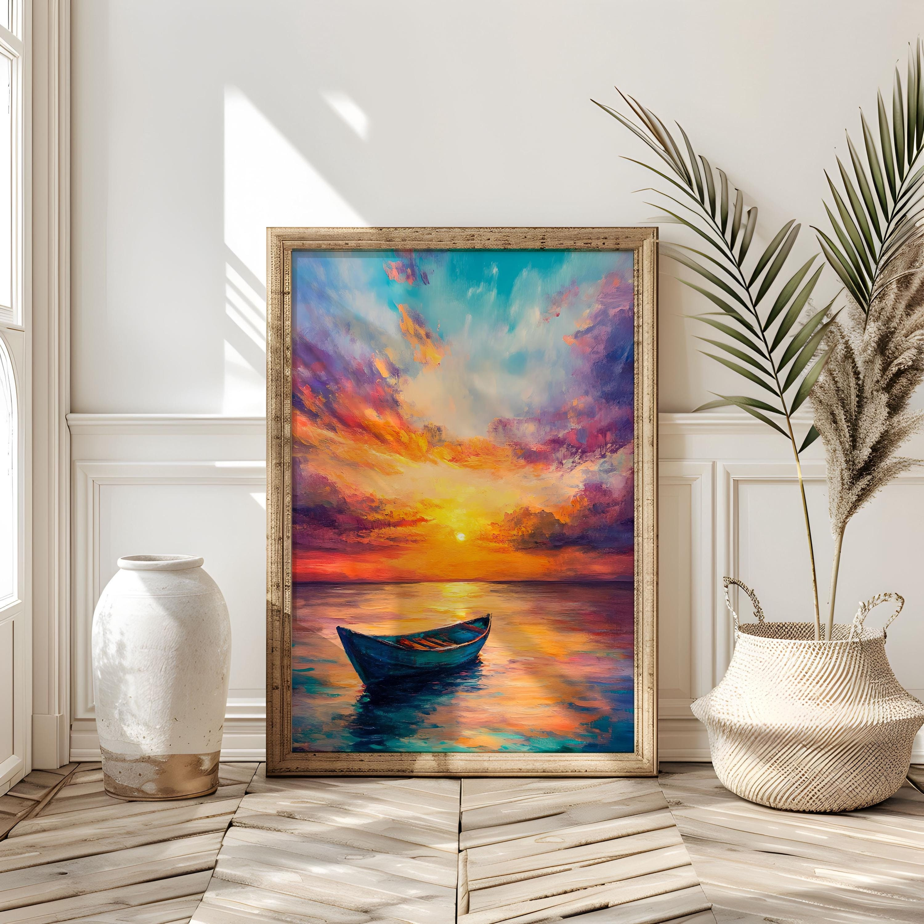 WestConfe Colorful Sunset Boat Wall Art Peaceful Seascape Print ...