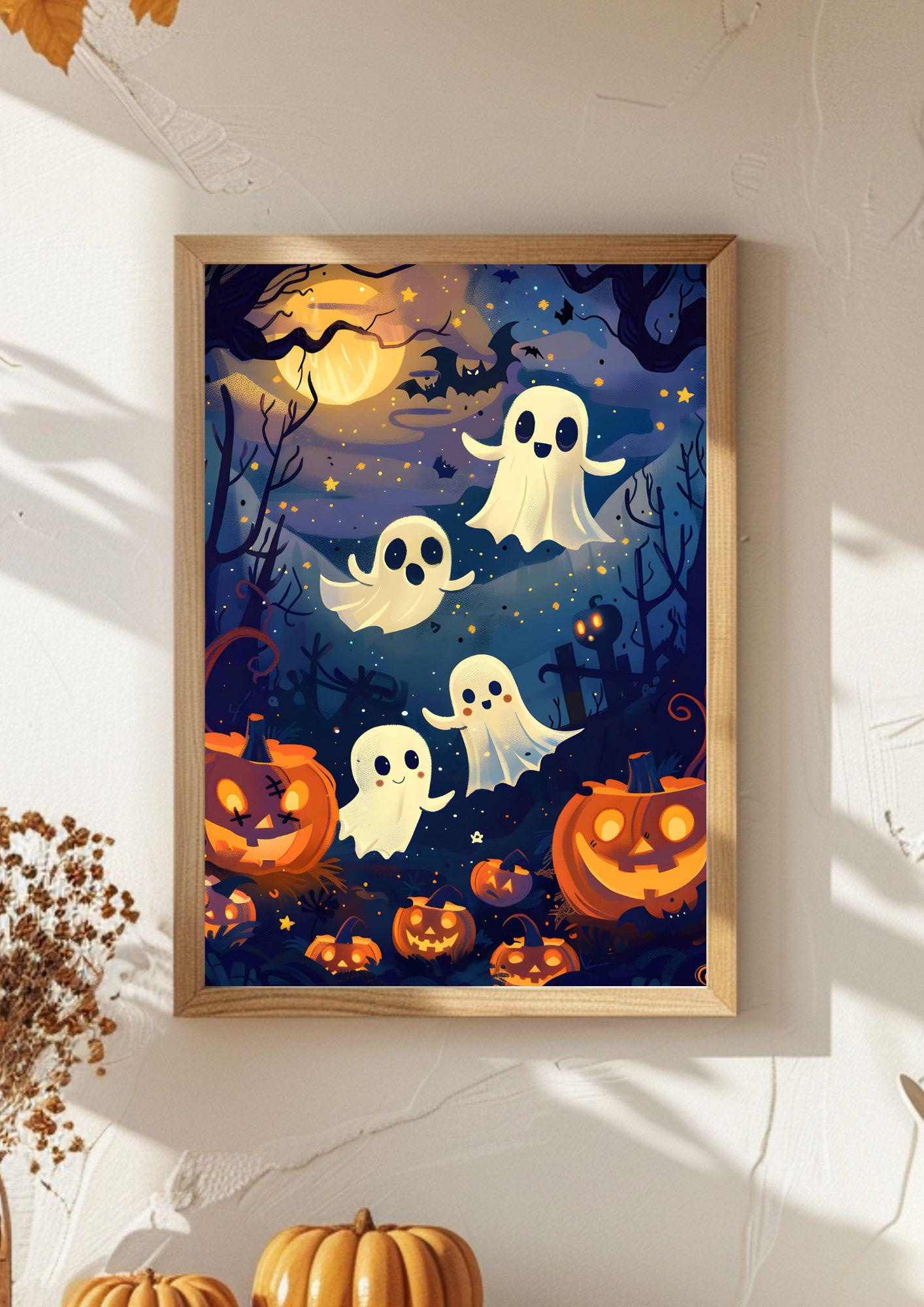 WestConfe Cute Ghost Halloween Poster – Kawaii Spooky Wall Art ...
