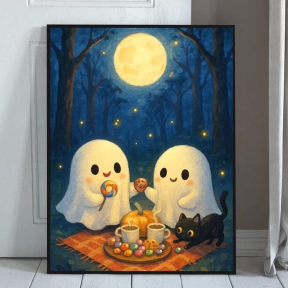 WestConfe Cute Ghost Halloween Print - Spooky Art - Midnight Picnic Wall Decor - Halloween Poster - Black Cat