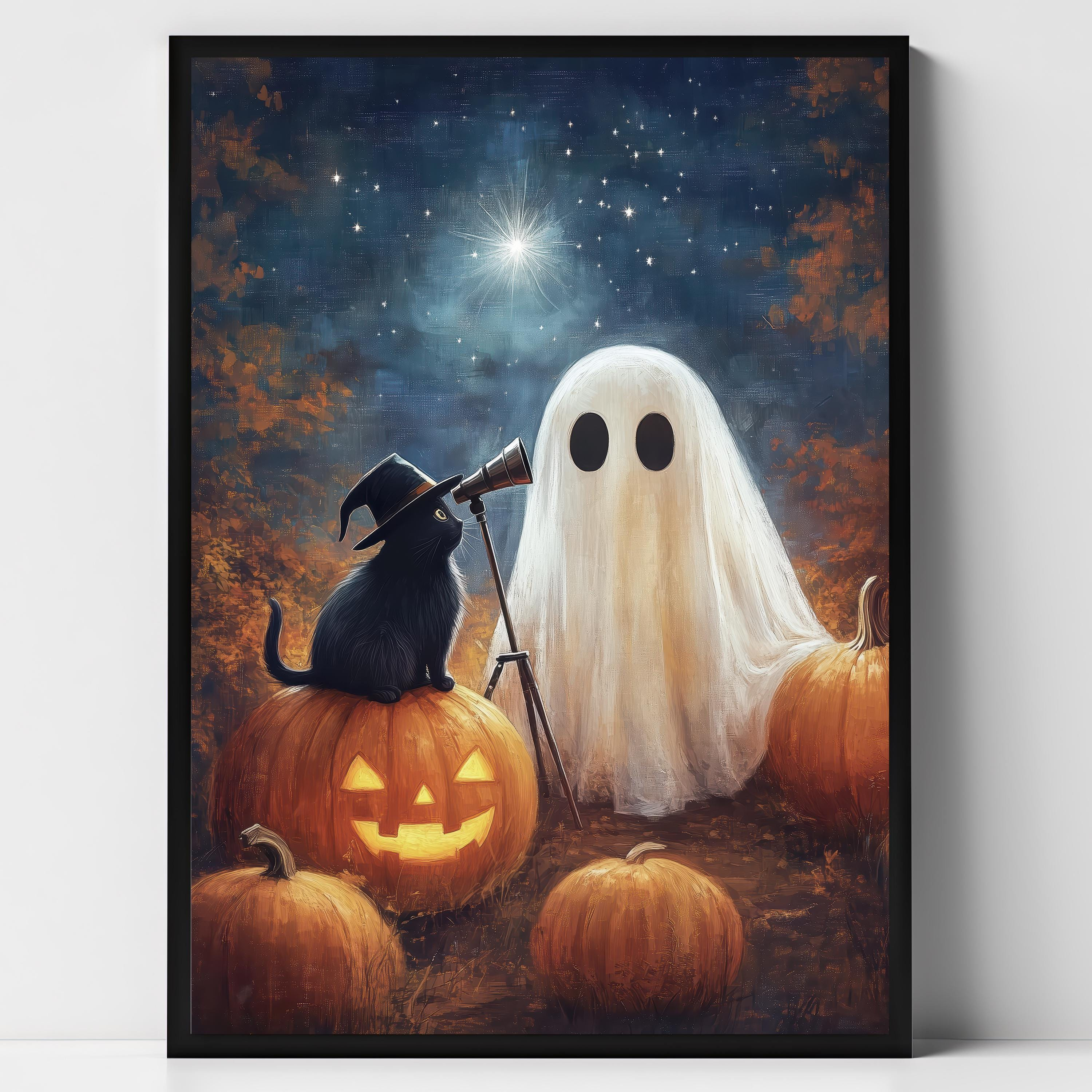 WestConfe Cute Ghost and Black Cat Stargazing Print, Vintage Halloween ...