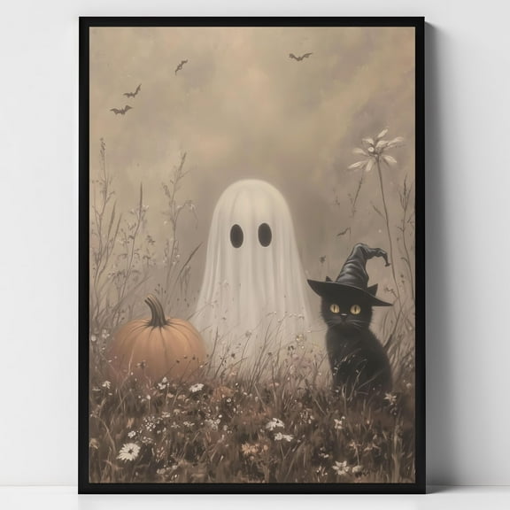 WestConfe Cute Ghost and Black Cat in a Wildflower Field Print, Spooky Halloween Fall Painting Wall Art, Moody Ghost Autumn Decor
