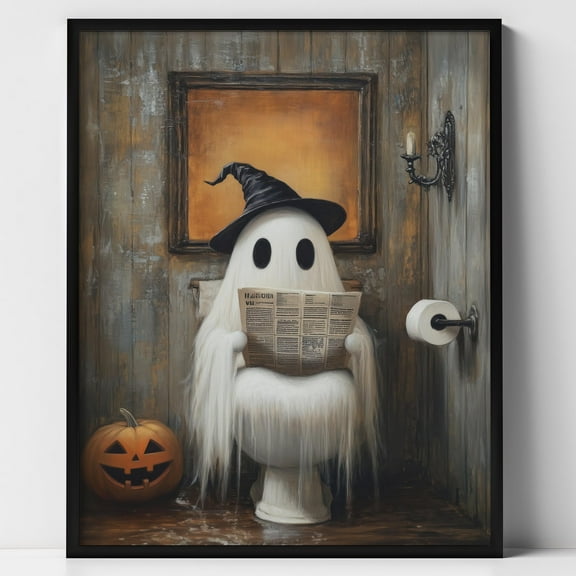WestConfe Cute Ghost on the Toilet, Funny Halloween Wall Art, Bathroom Wall Art, Toilet Wall Art, Vintage Halloween Wall Decor