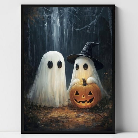 WestConfe Cute Ghosts in Dark Forest Print, Vintage Halloween Ghost Wall Art, Dark Academia Room Decor