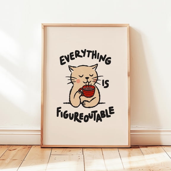 WestConfe Everything Is Figureoutable Print, Positive Affirmations Office Desk Poster, Motivational Decor, Cute Cat Wall Art