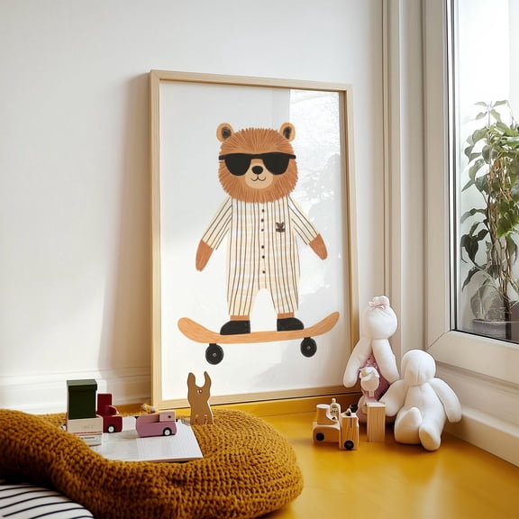 WestConfe Framed Bear Nursery Art: Whimsical Room Decor, Oak/Ash Frame