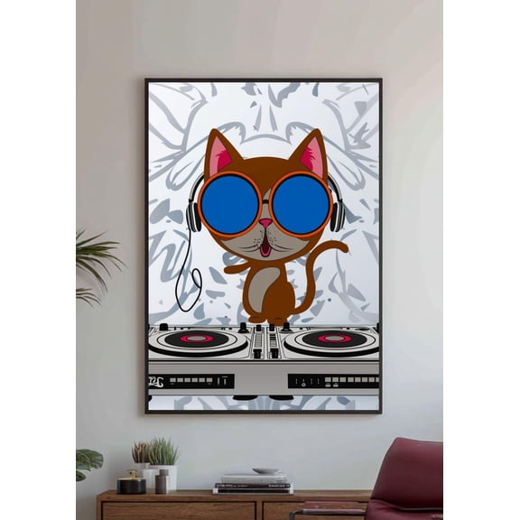 WestConfe Funny Cat Poster – Cool Pop Art Cat Print – DJ Cat with Headphones Wall Art – Quirky Cat Lover Gift
