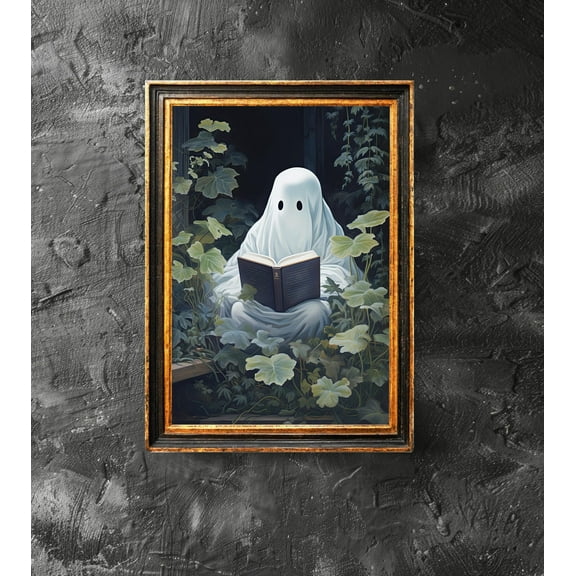 WestConfe Ghost Reading Book Poster, Spooky Book Decor, Book Lover Gift, Book Nook Art, Halloween Decor