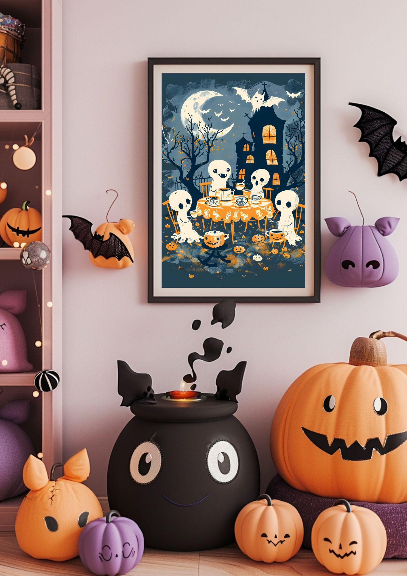 WestConfe Ghost Tea Party Poster – Kawaii Gothic Halloween Wall Art ...