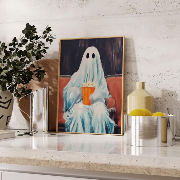 WestConfe Halloween Ghost Eating Popcorn | Textured Painting Print | Halloween Kitchen Wall Art | Spooky Season Decor