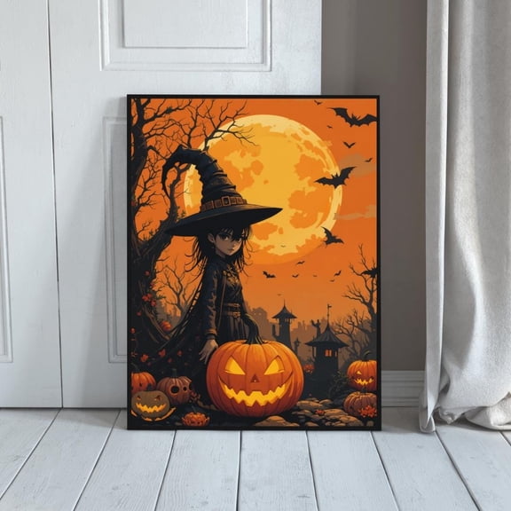 WestConfe Halloween Season Creepy Poster Print, Ghosts Pumpkins and Witches Fright Wall Art, All Hallows Scary Picture, Halloween Cute Witch Art Decor