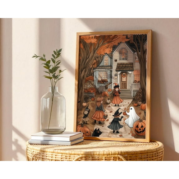 WestConfe Halloween Trick-or-Treat Wall Art Cozy Autumn House Scene Vintage Spooky Fall Decor Witch & Ghost