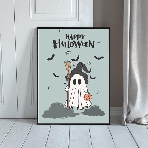 WestConfe Happy Halloween Ghost – Cute Witch Ghost Wall Art, Halloween Decor, Spooky Nursery Poster