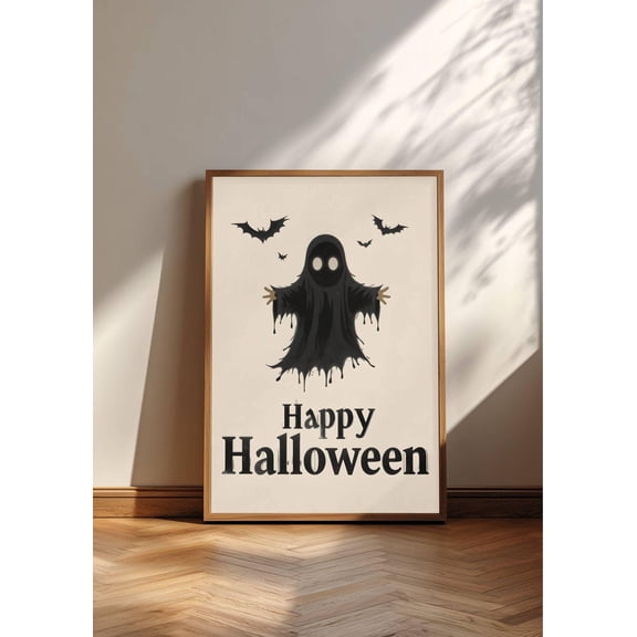 WestConfe Happy Halloween Ghost Poster – Cute Spooky Wall Art – Minimalist Ghost Print – Bat Halloween Decor – Creepy Cute