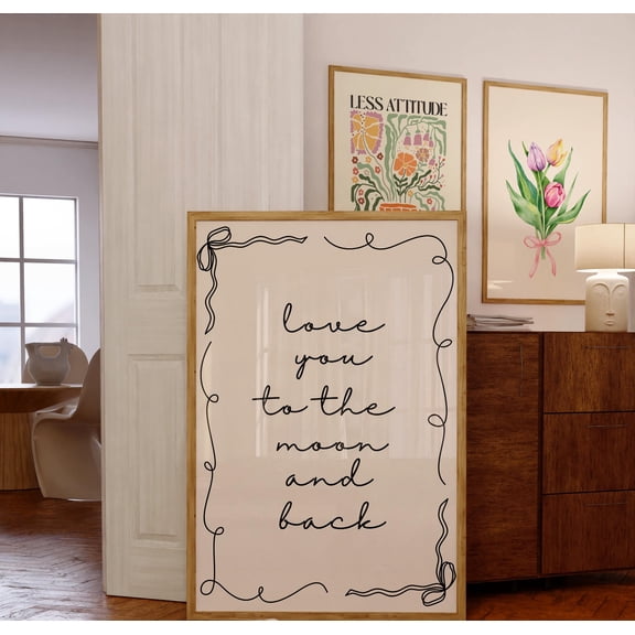 WestConfe Love you to the moon and back Print, Black Boho Hand drawn Poster, Cute girly Bedroom Art