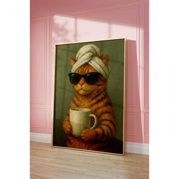 WestConfe Morning Cat, Coffee lover, Cat Poster,Maximalist Wall Art, Aesthetic Wall Art, Preppy Poster, Cute Kitten Illustration,Gift,Cat Doing Things