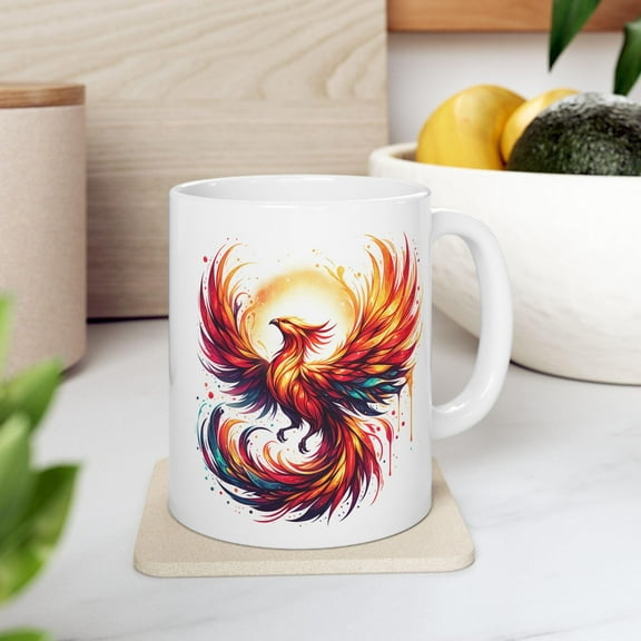 WestConfe Phoenix Ceramic Mug, Vibrant Red Orange Gold Feathers Coffee Cup, Tea Mug, Gift for Phoenix Lovers, Firebird Art Mug, Mythical