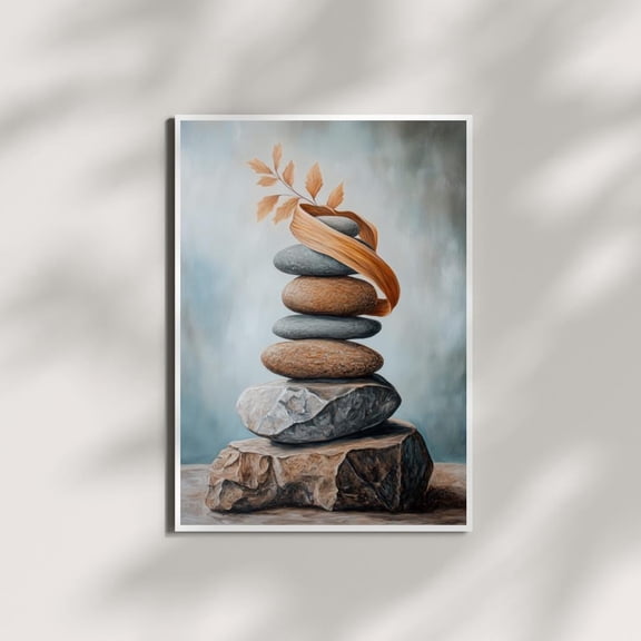 WestConfe Quiet Balance – Zen Stone Stack with Golden Leaf Ribbon | Earthy Wall Art