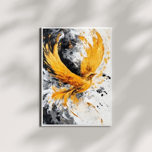 WestConfe Rise of the Emberwing – Abstract Golden Phoenix Bird Wall Art | Fiery Spiritual Painting