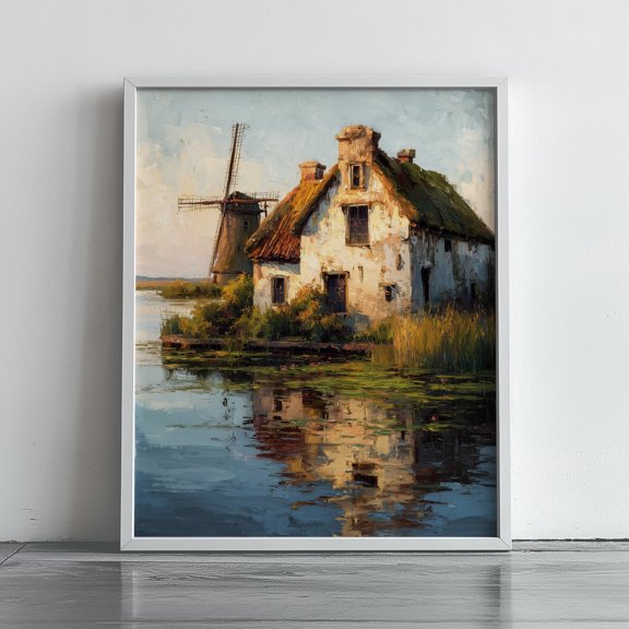 WestConfe Rustic Weathered Cottage with Mill by Water - Vintage Landscape , Tranquil Scene, Cottagecore Wall Art