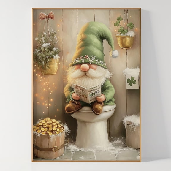 WestConfe St Patrick's Day Gnome Print Leprechaun Funny Toilet Decor Irish Wall Art Irish Trickster Painting