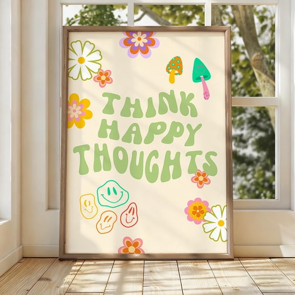 WestConfe Think Happy Thoughts Poster, Retro Smiley Art, Boho Home Decor