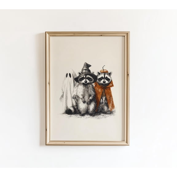 WestConfe Trick or Treat Raccoons Print, Vintage Funny Halloween Poster
