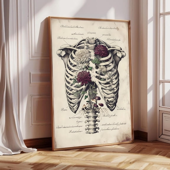 WestConfe Vintage Anatomical Ribcage Wall Art Print – Skeleton with Flowers Poster – Gothic Botanical Anatomy Decor