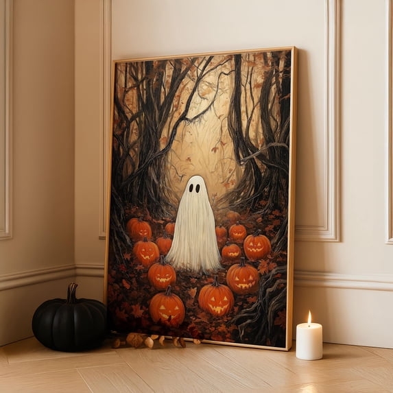 WestConfe Vintage Halloween Ghost in Pumpkin Field Poster - Framed Art ...