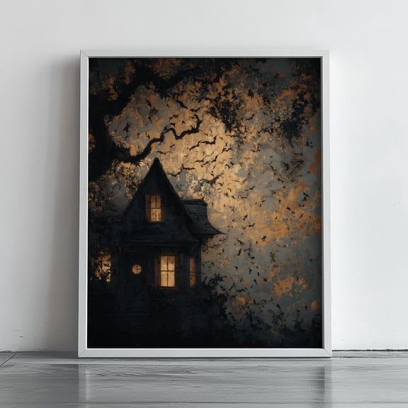 WestConfe Vintage Halloween Haunted House Art - Spooky Night Scene, Dark Moody Atmosphere, Halloween Wall Decor, Eerie House Print