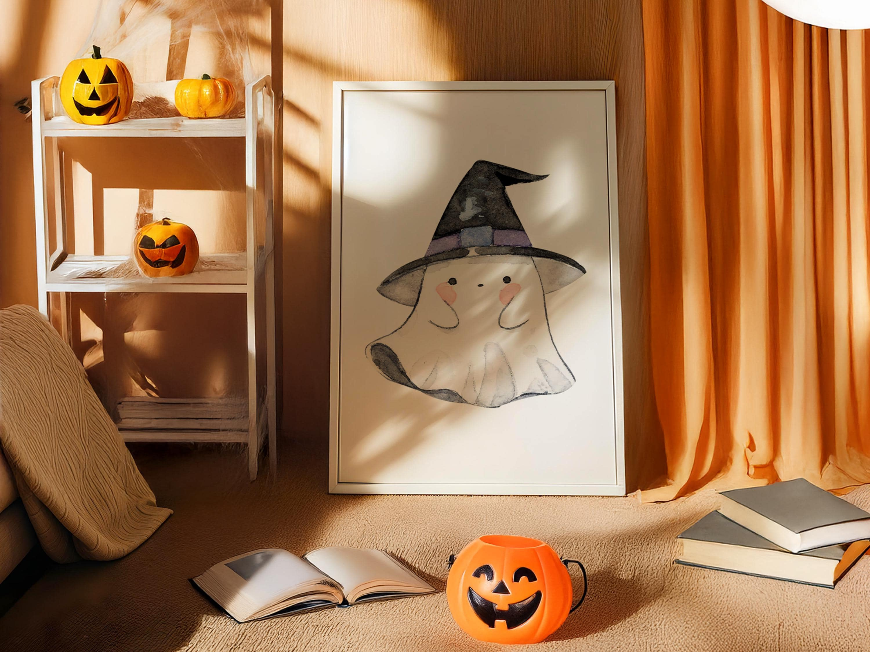 WestConfe Watercolor Ghost Wall Art | Witch Hat Halloween Print | Cute ...