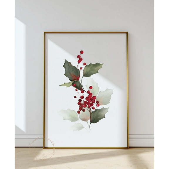 WestConfe Watercolor Holly Christmas Print: Rustic Holiday Wall Art