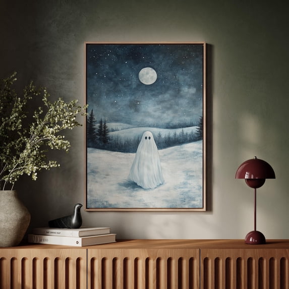 WestConfe Winter Ghost Under Full Moon | Snowy Landscape Gothic Art | Spooky Christmas Wall Decor | Minimal Ghost Spirit Print
