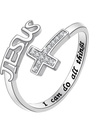 WestVibe Inspirational Scripture Engraved Open Ring, Inlaid Crystal Cross & JESUS Letter Christian Faith Adjustable Ring