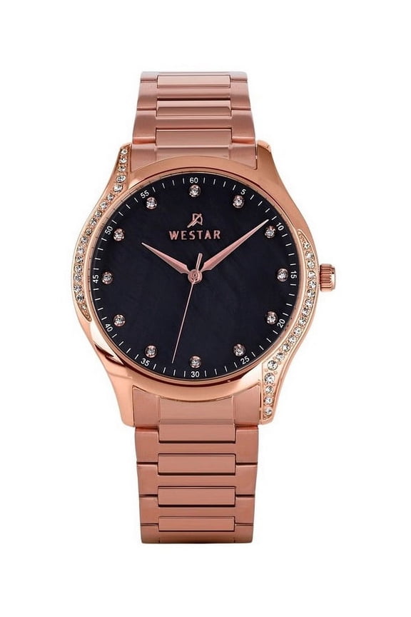 Westar 00127PPN613 39 mm Zing Crystal Accents Rose Gold Tone Stainless Steel Black Mother of Pearl Dial Quartz Womens Watch