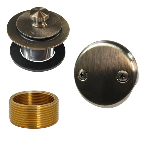 Westbrass Universal Thread Twist & Close Bathtub Drain with Adaptor and Two-Hole Overflow, Antique Brass
