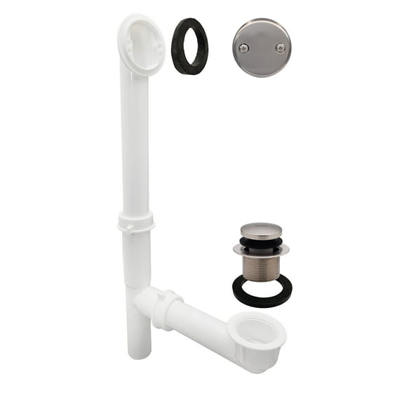 Westbrass 14" White Polypropylene Tip-Toe Drain Bathtub Assembly with 2-Hole Overflow, Stainless Steel