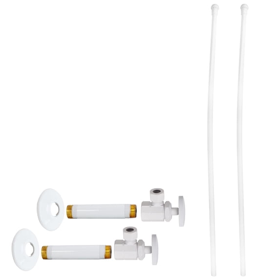 Westbrass 20" Bullnose Dual Facuet Supply Line Kit with Round Handle Angle Shut Off Valves, Powder Coat White