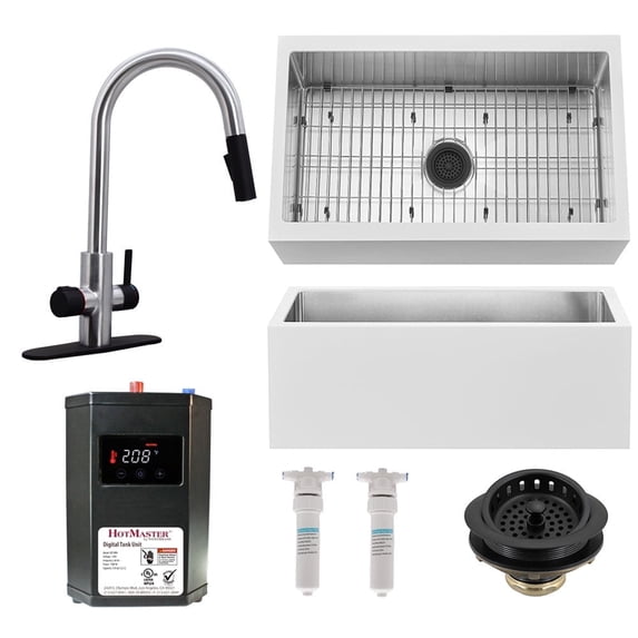 Westbrass 33" Stainless Steel/Solid Surface Kitchen Sink Kit, Matte Black / Stainless Steel