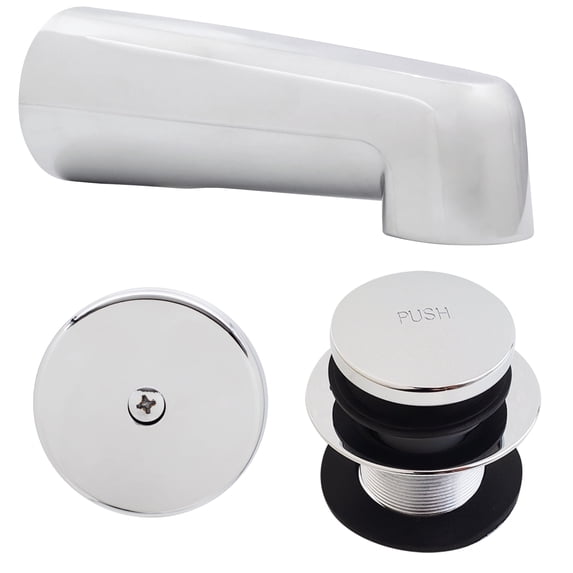 Westbrass 7" Wall Mount Tub Spout with Universal Fit Tip-Toe Drain Trim, Polished Chrome