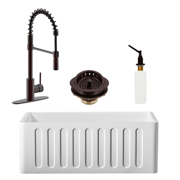 Westbrass BK124W18A-12 24" Single Bowl Reversible Apron Front Solid Surface Kitchen Sink with Open Coil Faucet, Soap Dispenser and Drain Trim, Oil Rubbed Bronze