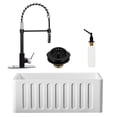 thumbnail image 1 of Westbrass BK124W18A-6226 24" Single Bowl Reversible Apron Front Solid Surface Kitchen Sink with Open Coil Faucet, Soap Dispenser and Drain Trim, Matte Black/Polished Chrome, 1 of 24
