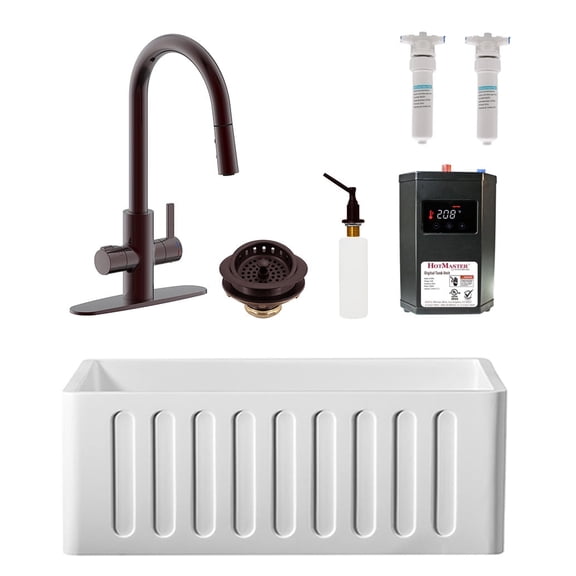 Westbrass BK124WH-12 24" Single Bowl Reversible Apron Front Solid Surface Kitchen Sink with 4 in 1 Faucet, Dual Water Filters, Soap Dispenser and Drain Trim, Oil Rubbed Bronze