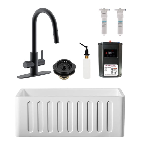 Westbrass BK124WH-62 24"Single Bowl Reversible Apron Front Solid Surface Kitchen Sink with 4 in 1 Faucet, Dual Water Filters, Soap Dispenser and Drain Trim, Matte Black